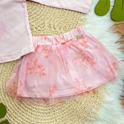Conj. Blusa Coelhinha Bailarina e Short Saia em Tule - Rosa